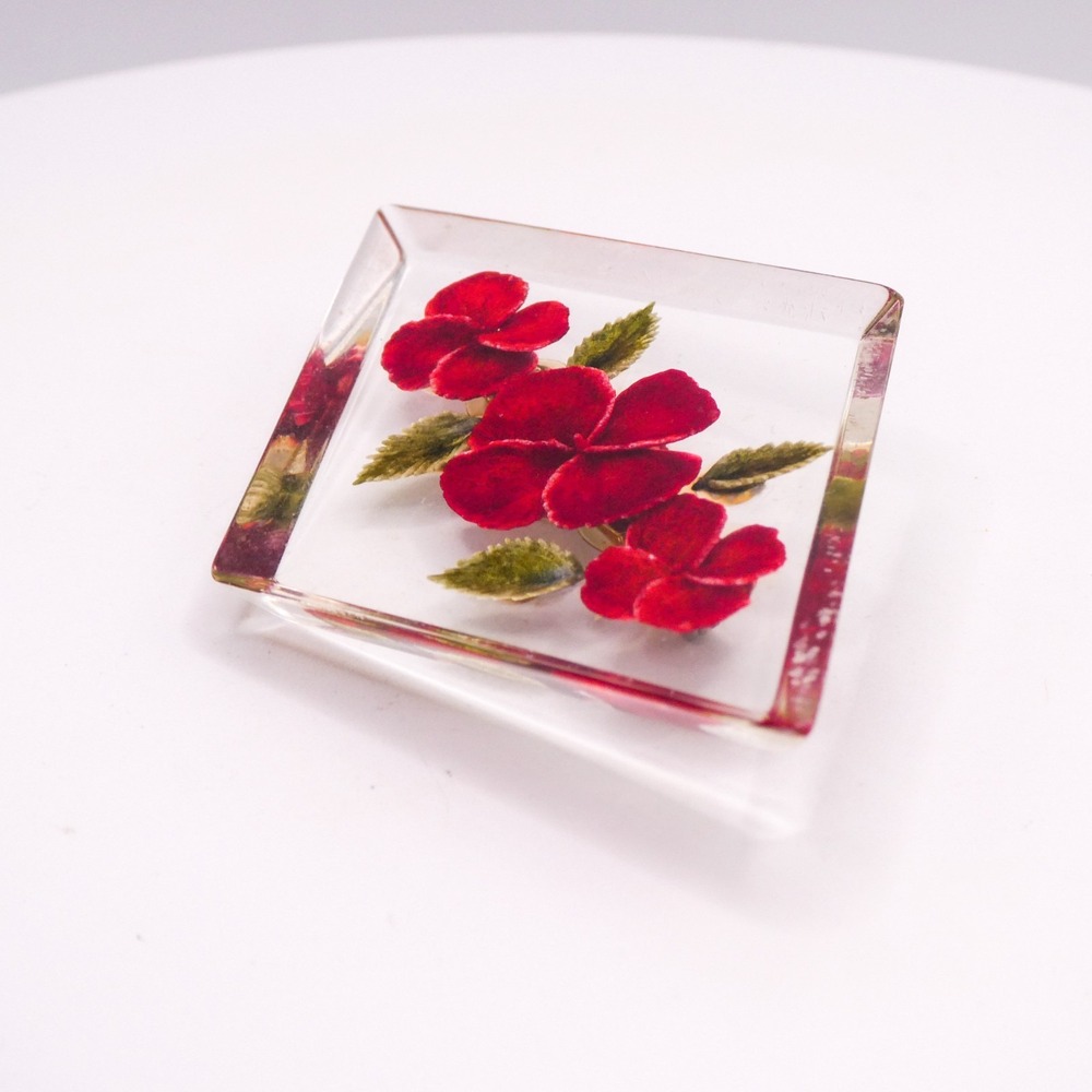 Vintage Lucite Reverse Carved Red Rose Flower 3" Brooch Pin Women's Mens